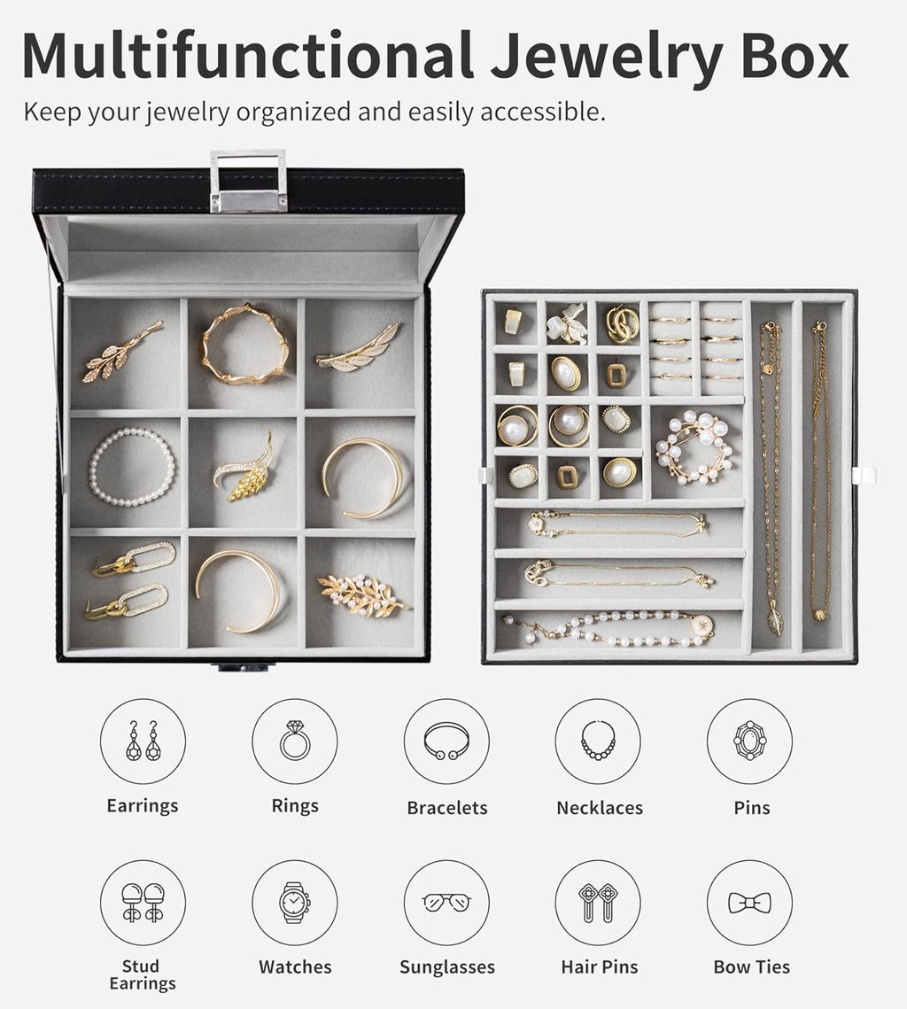 Black Jewelry Box Organizer 2 Layers Large Mirror PU Leather Jewelry Storage Case Drawer with Removable Display Tray for Necklace Earrings Rings Bracelets