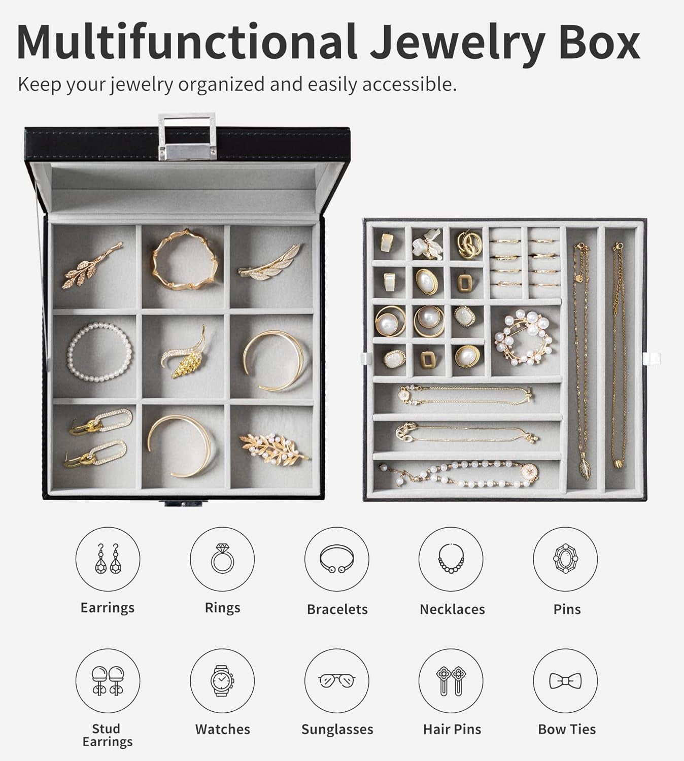 Black Jewelry Box Organizer 2 Layers Large Mirror PU Leather Jewelry Storage Case Drawer with Removable Display Tray for Necklace Earrings Rings Bracelets
