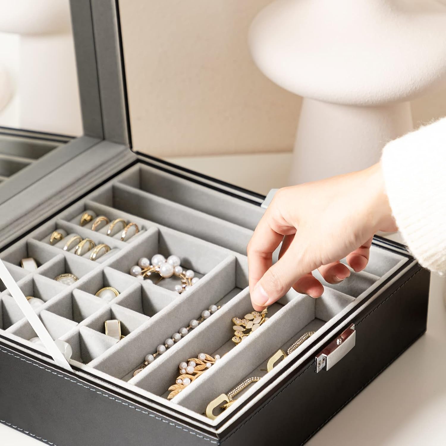 Black Jewelry Box Organizer 2 Layers Large Mirror PU Leather Jewelry Storage Case Drawer with Removable Display Tray for Necklace Earrings Rings Bracelets