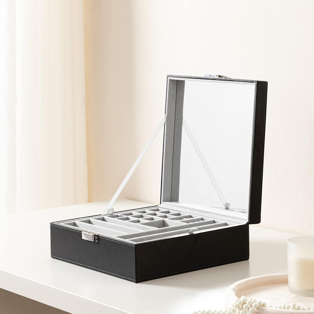 Black Jewelry Box Organizer 2 Layers Large Mirror PU Leather Jewelry Storage Case Drawer with Removable Display Tray for Necklace Earrings Rings Bracelets