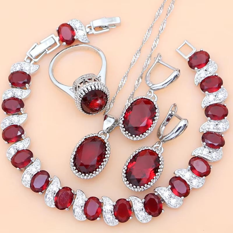 Ruby Red 925 Silver Jewelry Set Birthstone Jewelry Women Earrings/Pendant/Necklace/Rings/Bracelet Festival Valentine'S Day Gift