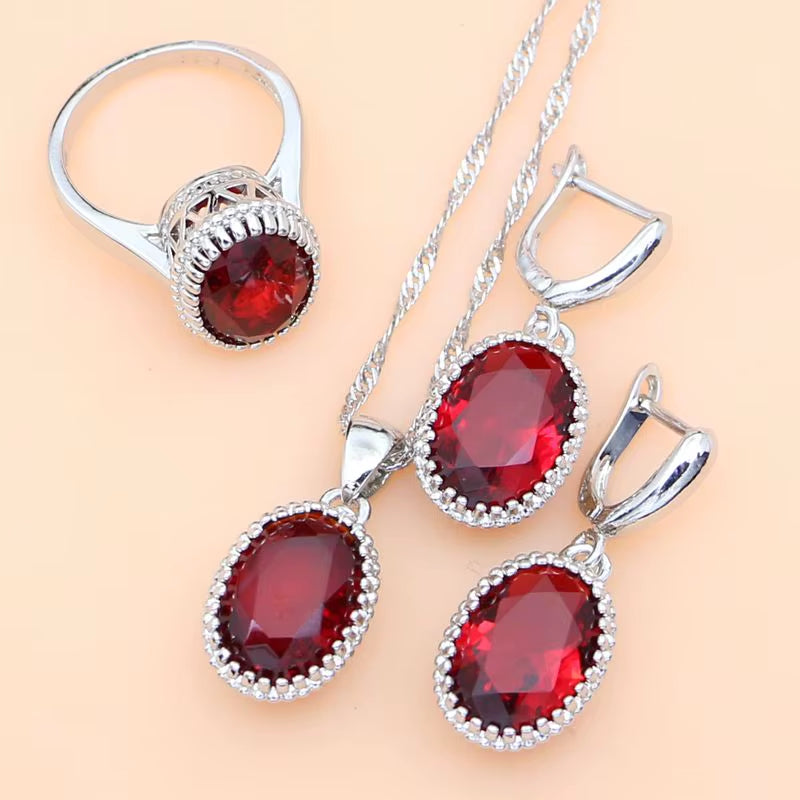 Ruby Red 925 Silver Jewelry Set Birthstone Jewelry Women Earrings/Pendant/Necklace/Rings/Bracelet Festival Valentine'S Day Gift
