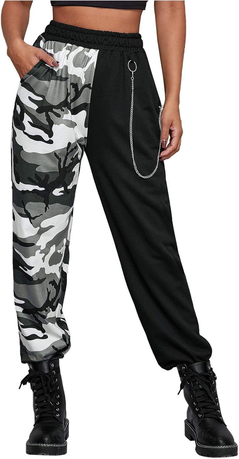 Punk Pants for Women Cargo Pants High Waist Casual Plaid Color Block Trousers Straight Fit (Gray, L)