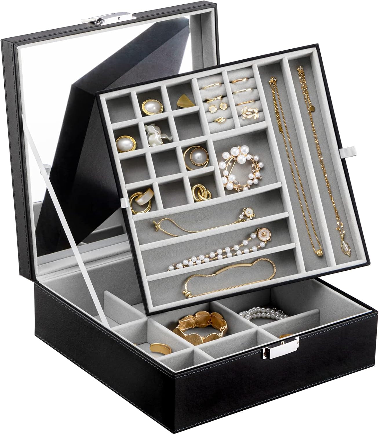 Black Jewelry Box Organizer 2 Layers Large Mirror PU Leather Jewelry Storage Case Drawer with Removable Display Tray for Necklace Earrings Rings Bracelets