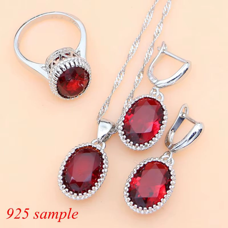 Ruby Red 925 Silver Jewelry Set Birthstone Jewelry Women Earrings/Pendant/Necklace/Rings/Bracelet Festival Valentine'S Day Gift