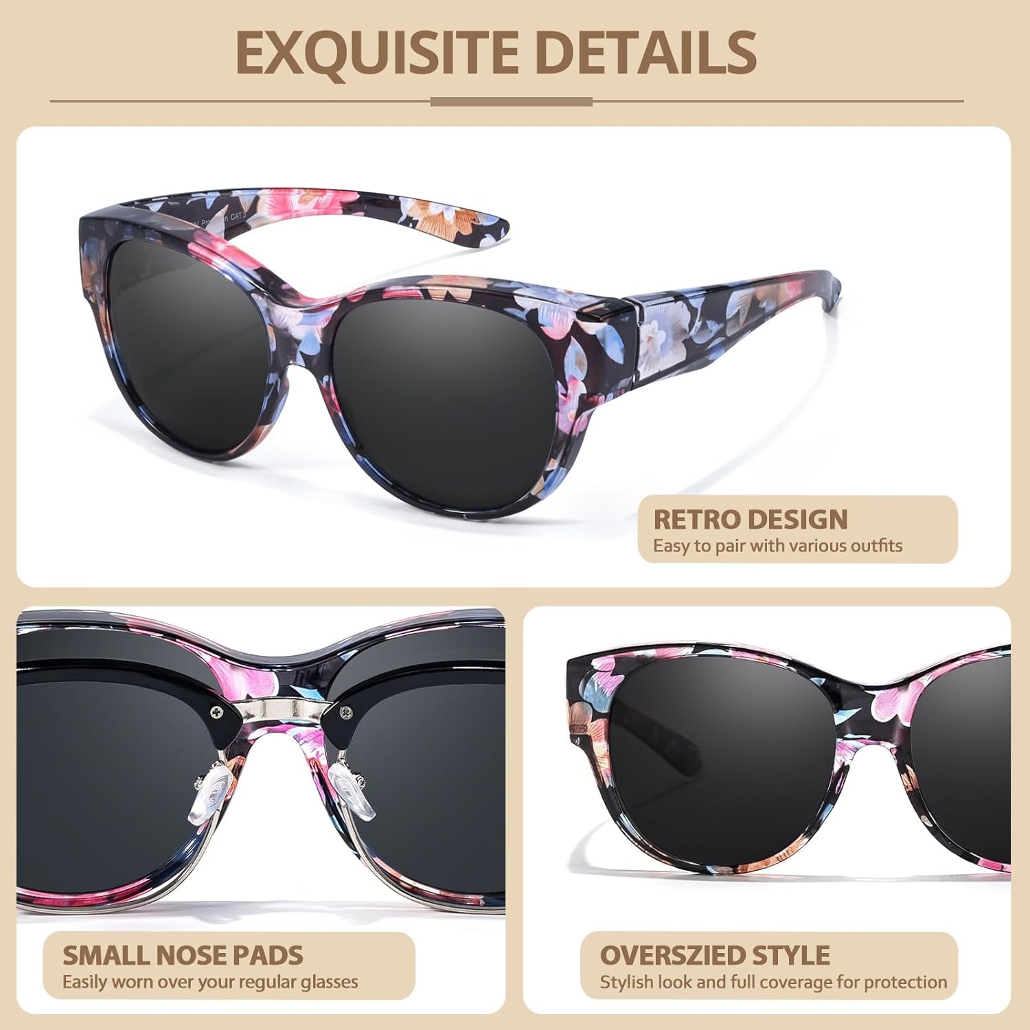 Polarized Sunglasses Fit over Glasses for Women, round Sunglasses for Driving & Outdoor UV400 Protection