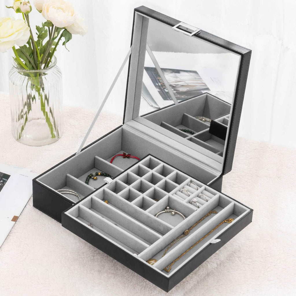 Black Jewelry Box Organizer 2 Layers Large Mirror PU Leather Jewelry Storage Case Drawer with Removable Display Tray for Necklace Earrings Rings Bracelets